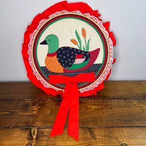 Handmade Duck Embroidered & Appliqué Wall Hanging Red Ruffle Lace Trim 16" Dia